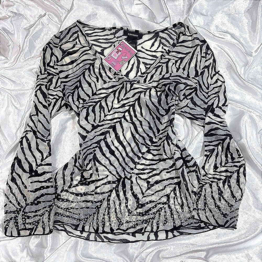 y2k Express Mesh Top Black White Zebra Print Sequin Rhinestone Sheer
